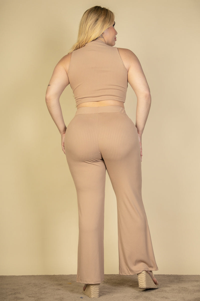 Ribbed Mock Neck Crop Tank Top& Bootcut Pants Set