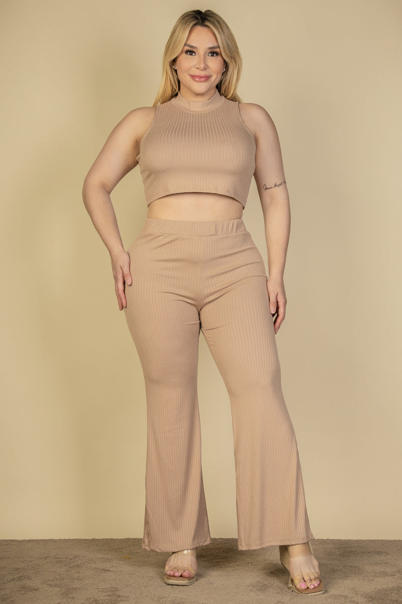 Ribbed Mock Neck Crop Tank Top& Bootcut Pants Set