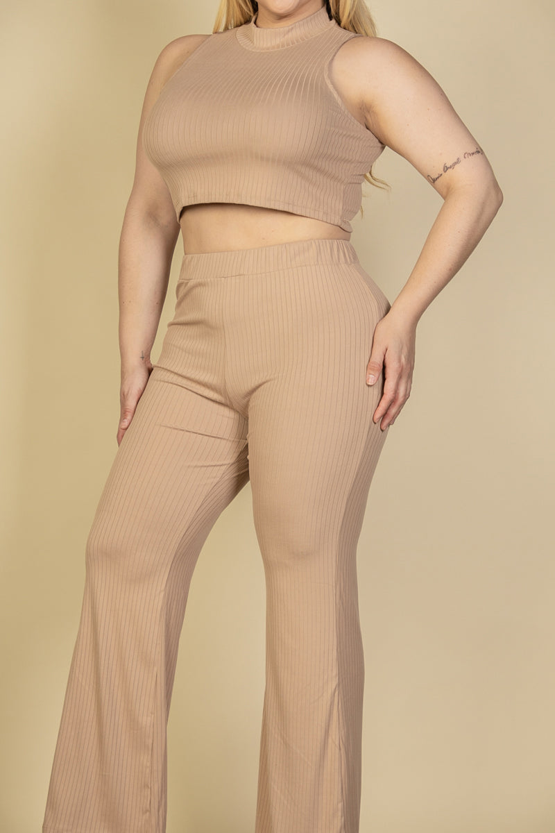 Ribbed Mock Neck Crop Tank Top& Bootcut Pants Set