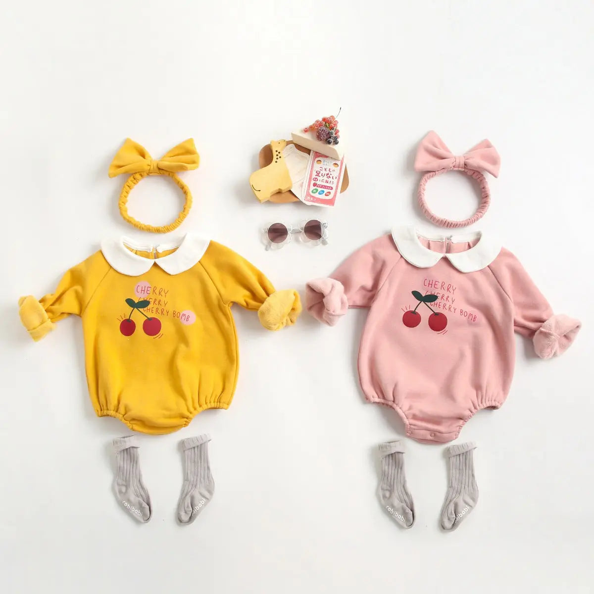 1pcs Cherry & Slogan Pattern Doll Neck Longsleeve Onesies