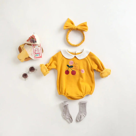 1pcs Cherry & Slogan Pattern Doll Neck Longsleeve Onesies
