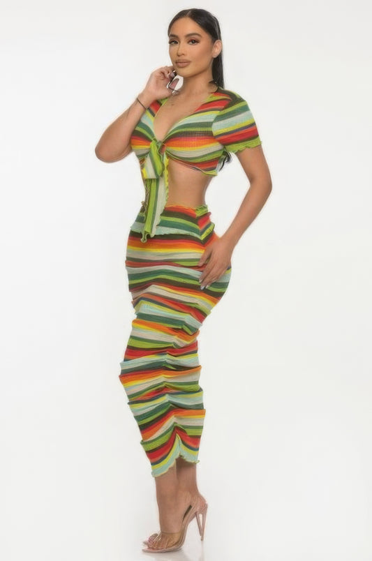 “Stripe Me Down” Green Multi Skirt Set