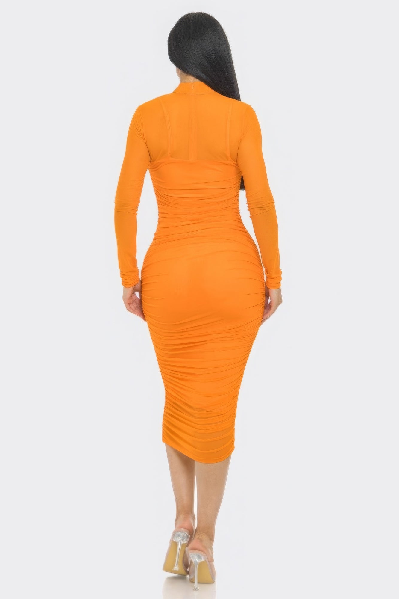 “Bianca” Orange Ruched Midi Dress