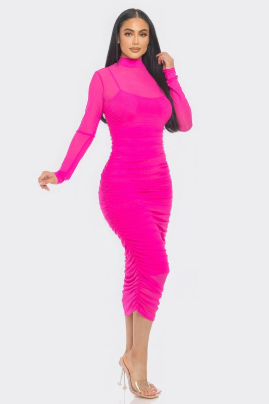 “Bianca” Fuchsia Ruched Midi Dress
