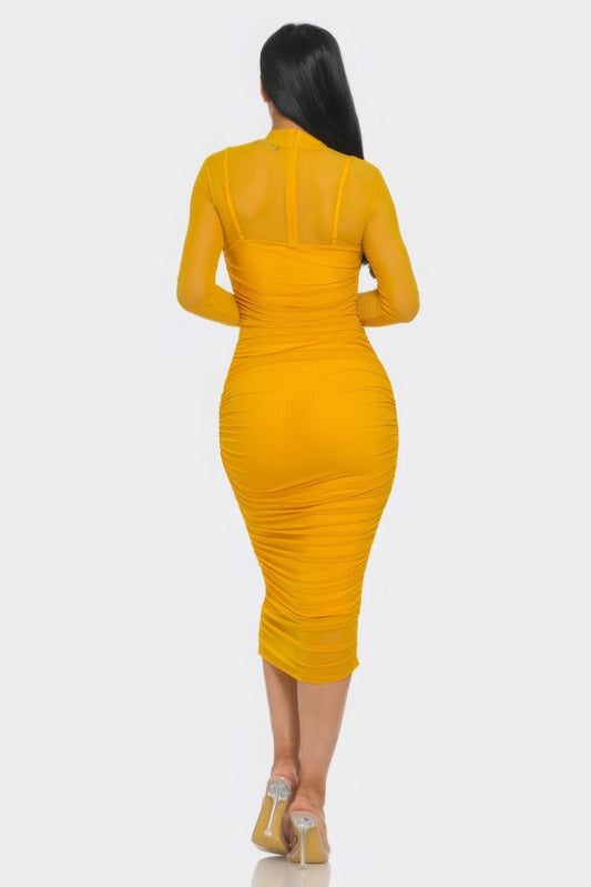 “Bianca” Mustard Ruched Midi Dress