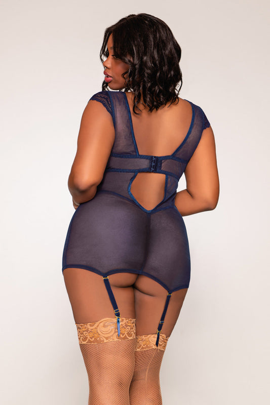 Patterned Navy Garter Chemise
