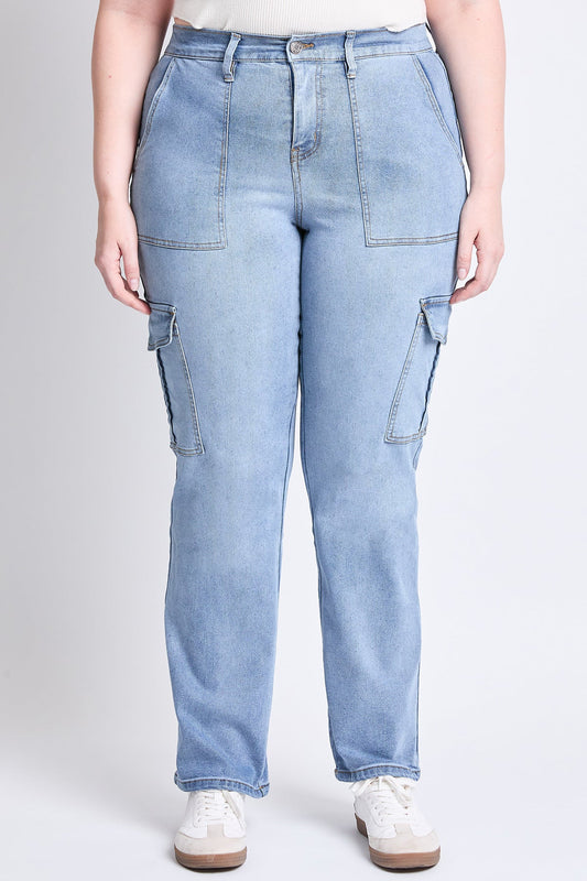 High Rise Elastic Waist Cargo Straight Leg Jeans