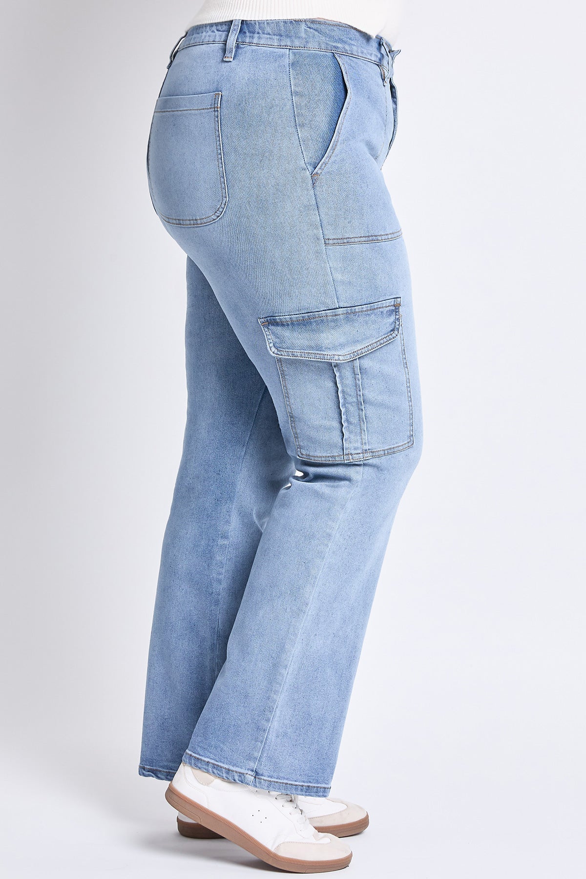 High Rise Elastic Waist Cargo Straight Leg Jeans