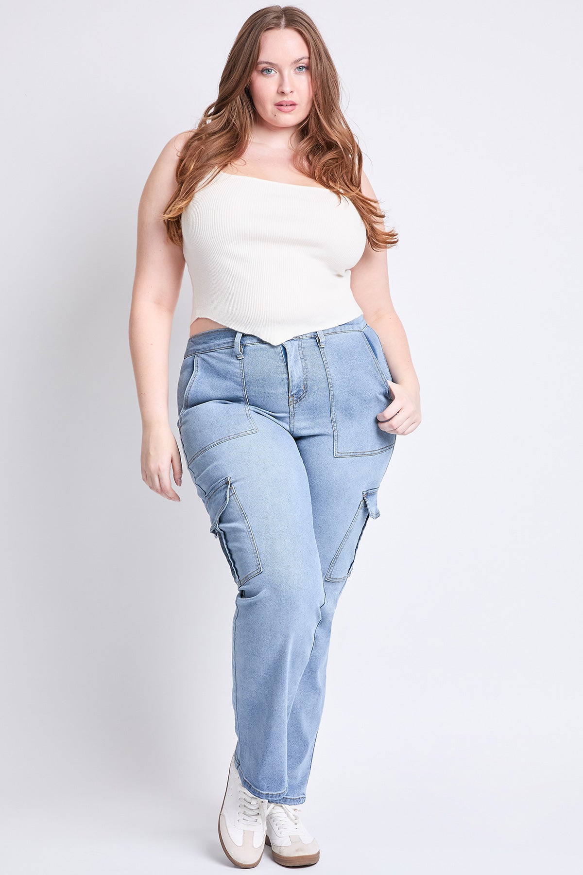 High Rise Elastic Waist Cargo Straight Leg Jeans