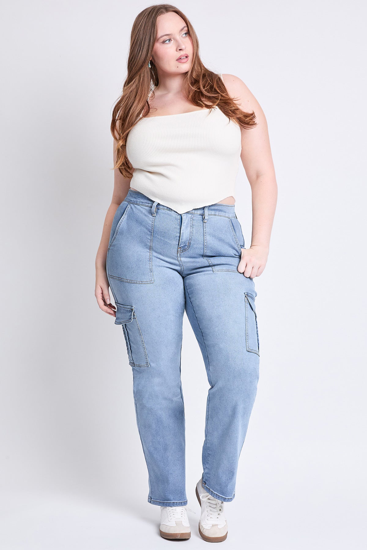 High Rise Elastic Waist Cargo Straight Leg Jeans