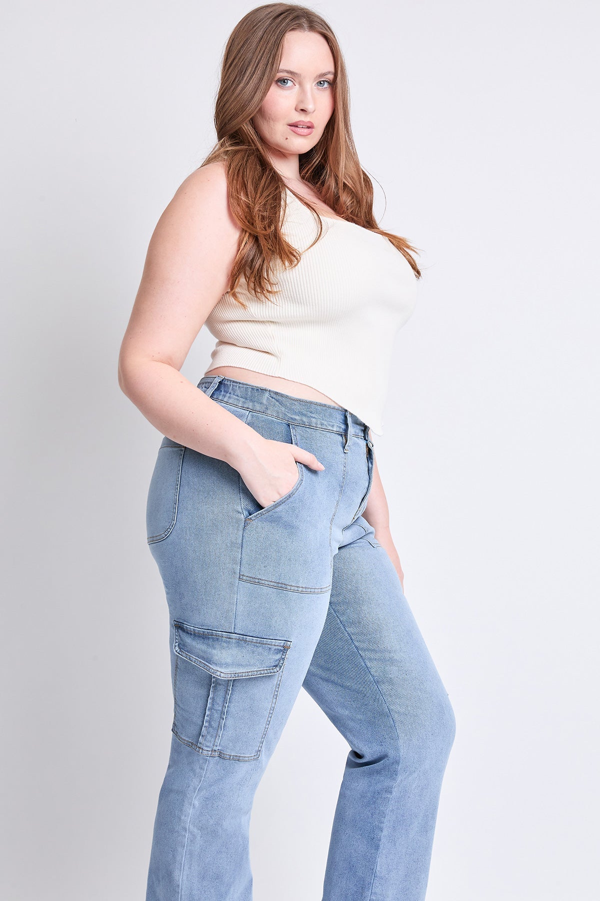 High Rise Elastic Waist Cargo Straight Leg Jeans