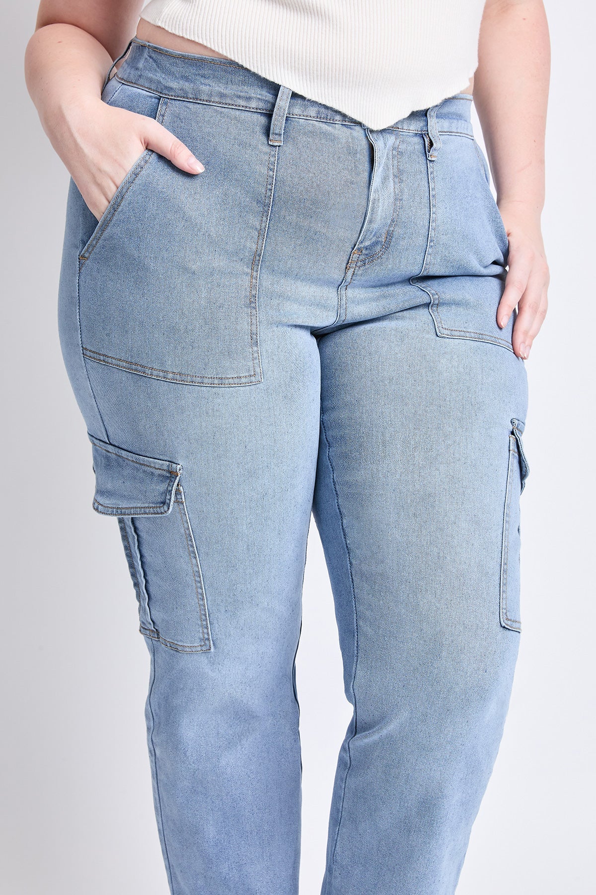 High Rise Elastic Waist Cargo Straight Leg Jeans