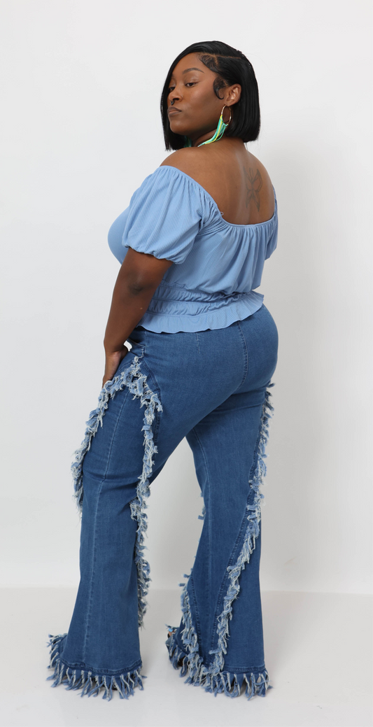 Distressed Fringe Denim Flared Pant