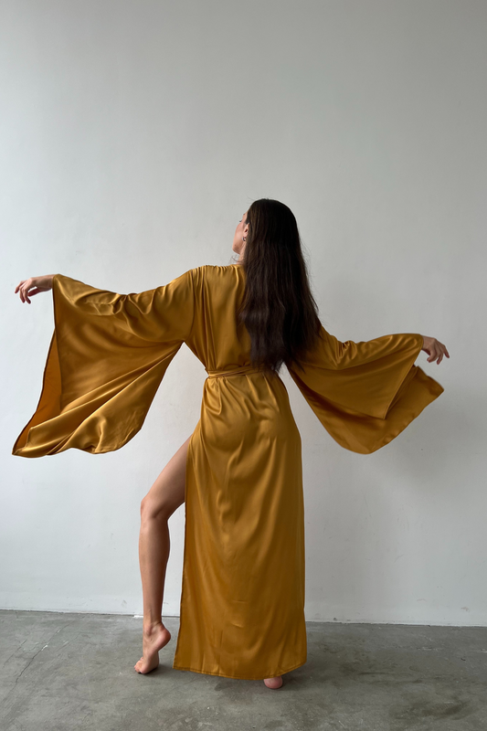 Elissa Split Side Golden Kimono Robe