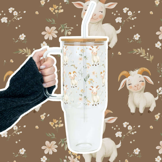 Floral Cute Goats Tumbler With Handle Lid and Straw