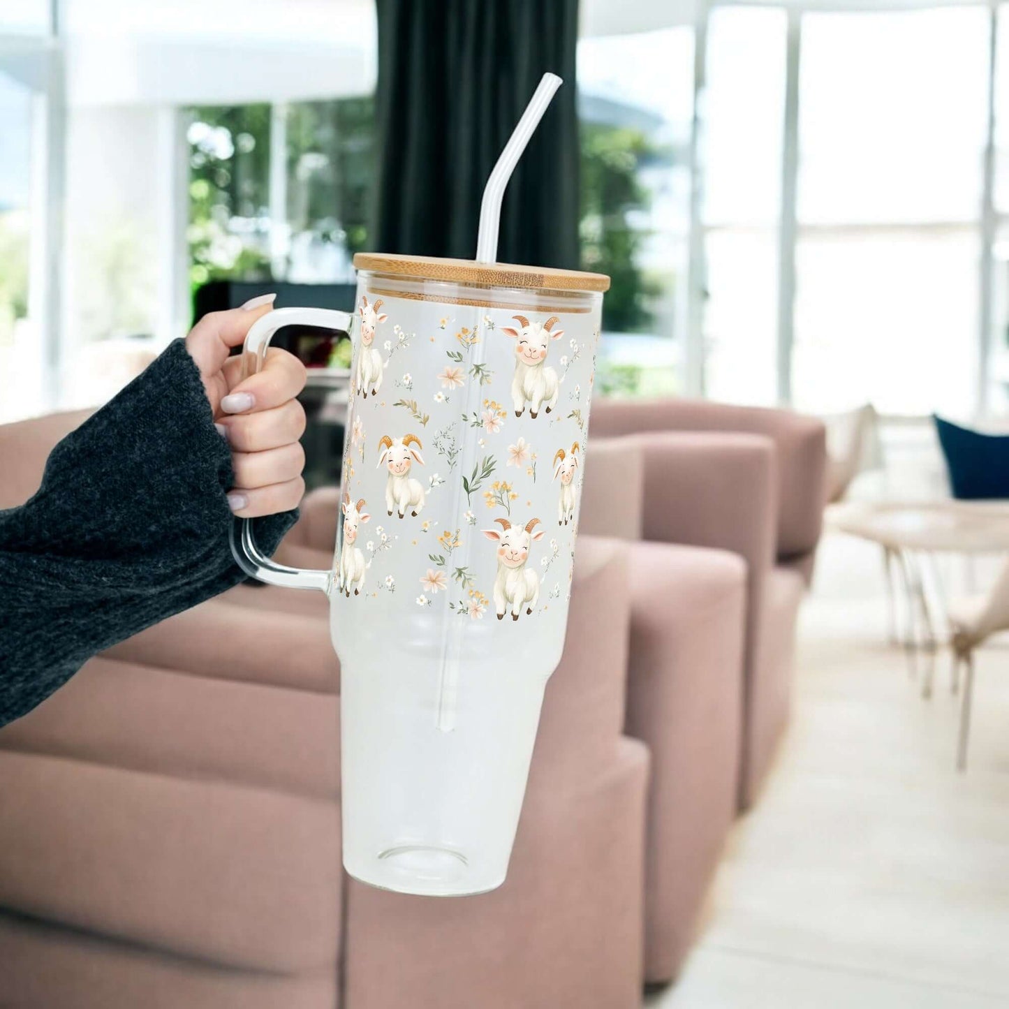 Floral Cute Goats Tumbler With Handle Lid and Straw