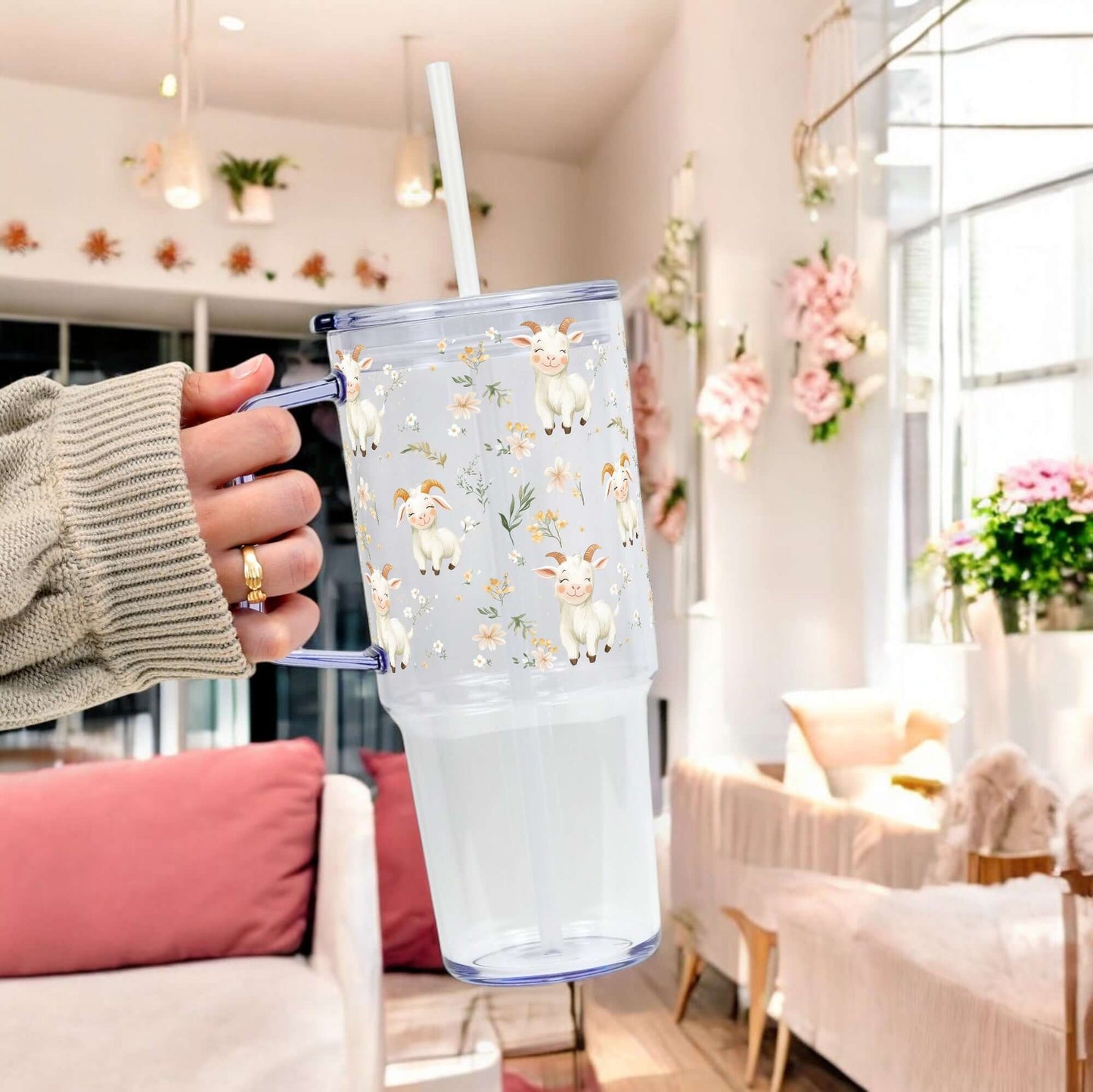 Floral Cute Goats Tumbler With Handle Lid and Straw