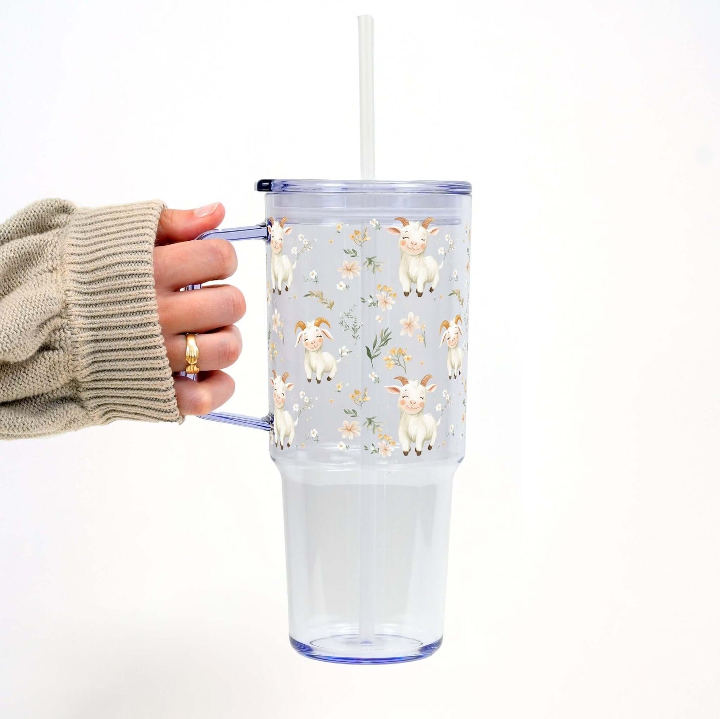 Floral Cute Goats Tumbler With Handle Lid and Straw