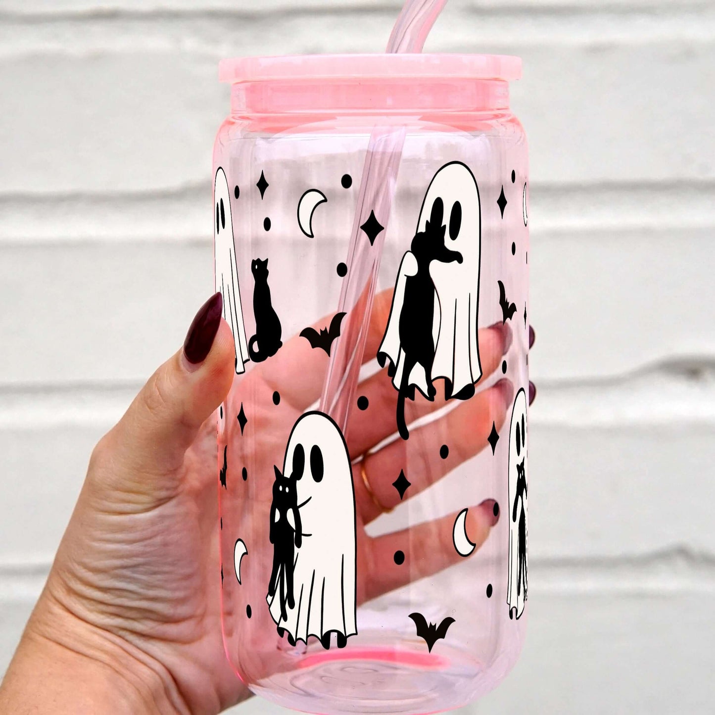 Ghosts Holding Cats Cup With Lid and Straw