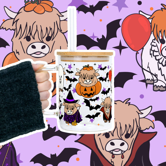 Highland Horror 17oz Glass Mug With Lid and Straw