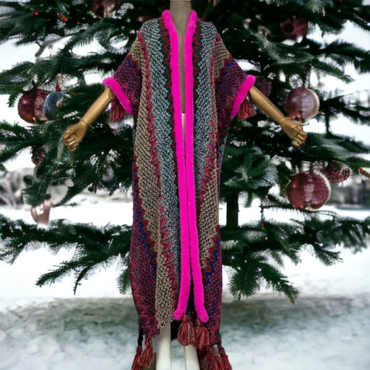 Bohemian Hot Pink Tassel Knitted Maxi Cardigan
