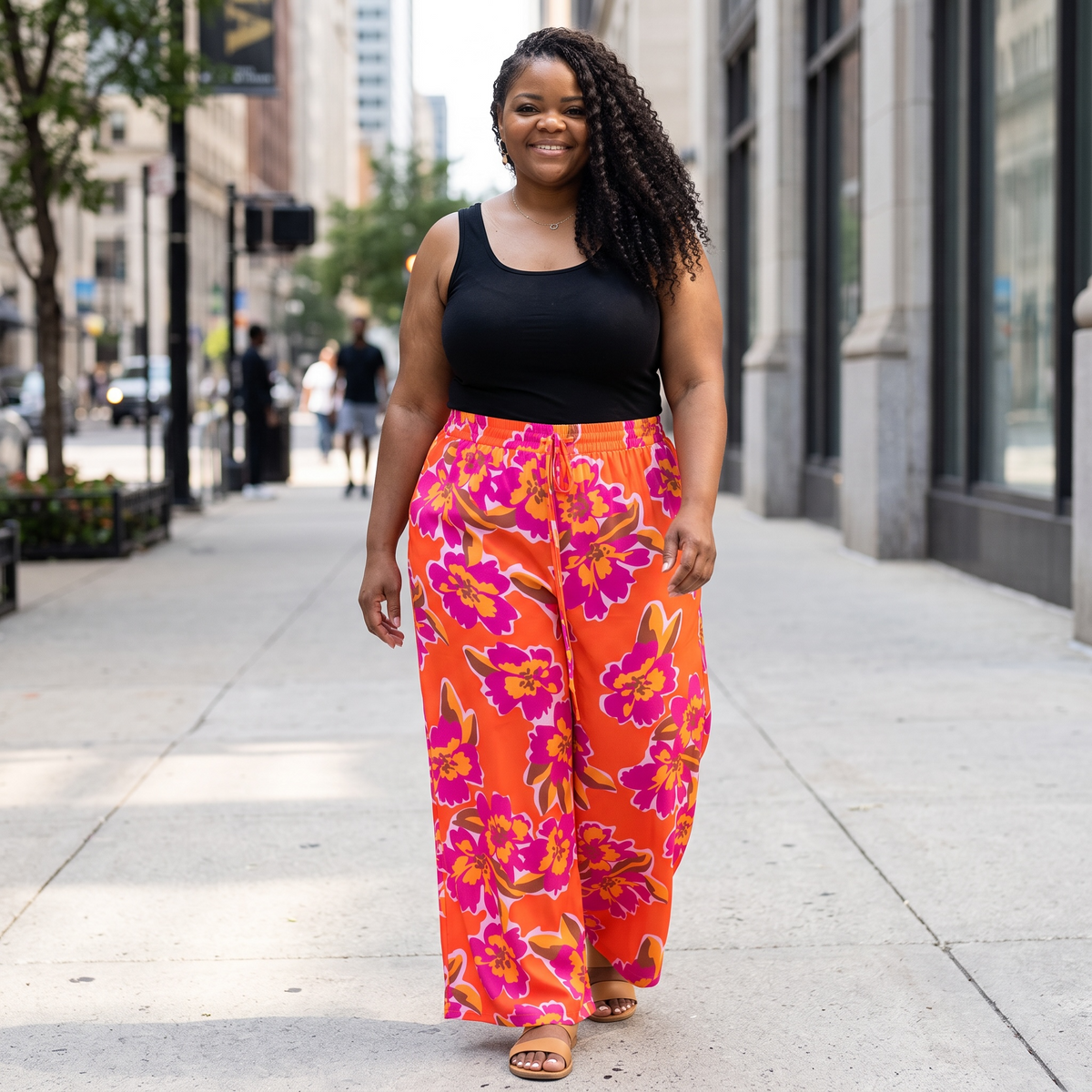 Orange Floral Print Wide Leg Pants