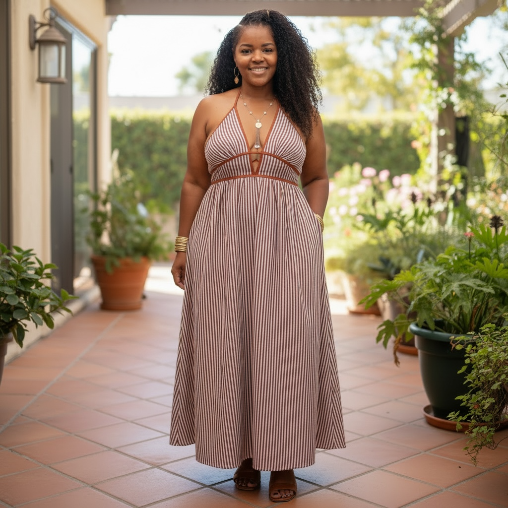 Striped Halter Neck Maxi Dress
