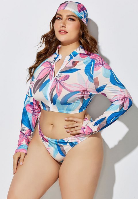 Three-Piece High Waist Print Split Long Sleeve Swimwear