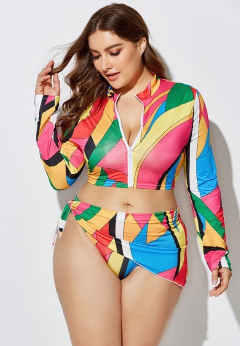 Three-Piece High Waist Print Split Long Sleeve Swimwear
