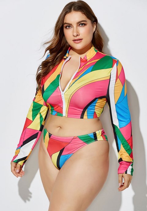 Three-Piece High Waist Print Split Long Sleeve Swimwear