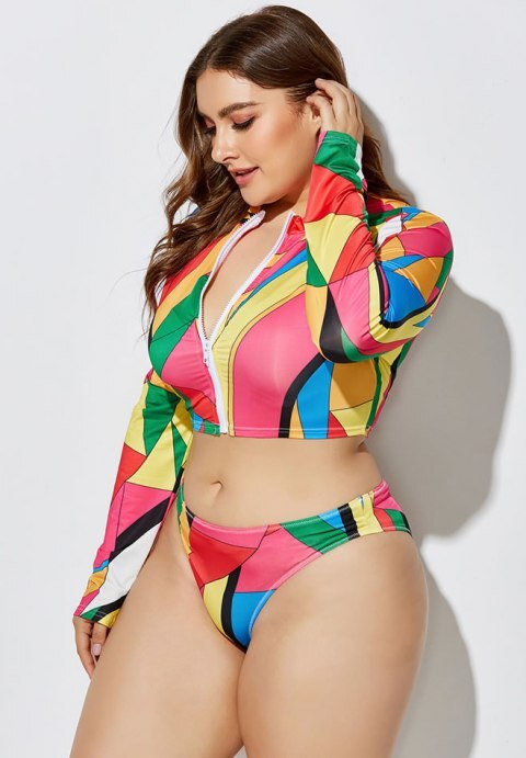 Three-Piece High Waist Print Split Long Sleeve Swimwear