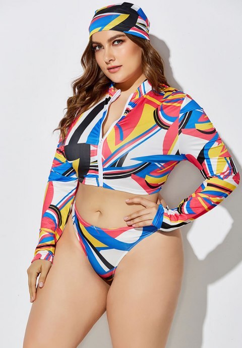 Three-Piece Swimsuit High Waist Print Split Long Sleeve