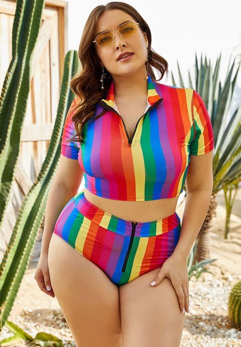 Tonal Stripe High Waist Bikini Set