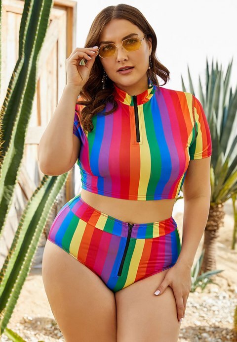 Tonal Stripe High Waist Bikini Set