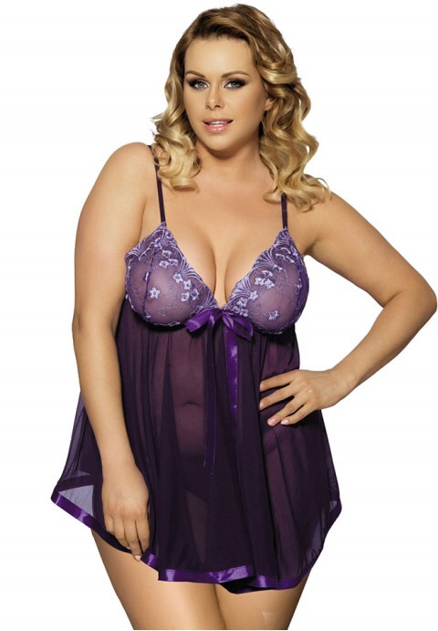 Mesh Babydoll with Embroidery Top and Satin Ribbons Hem