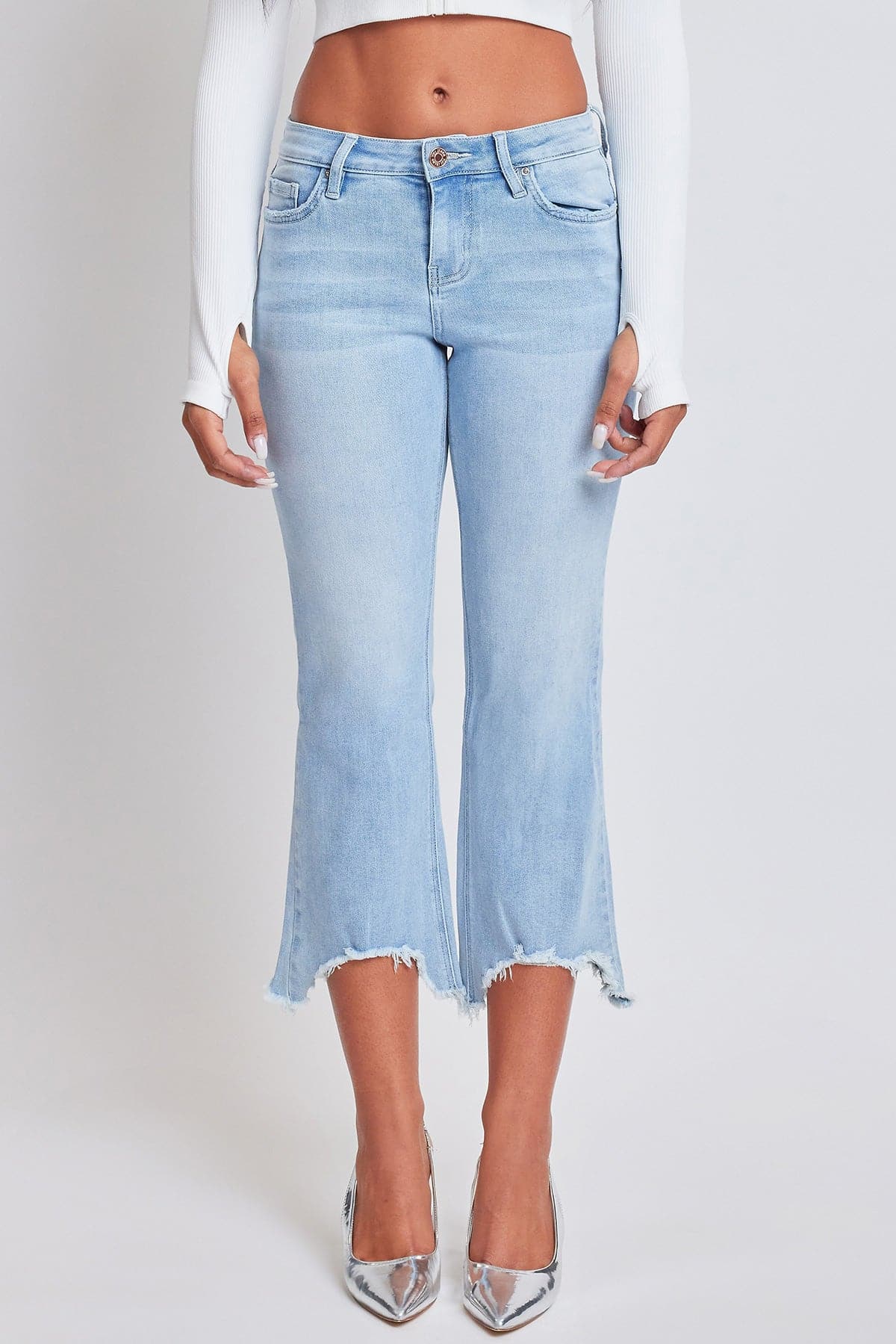Mid Rise Kick Flare Fray Hem Cropped Jeans