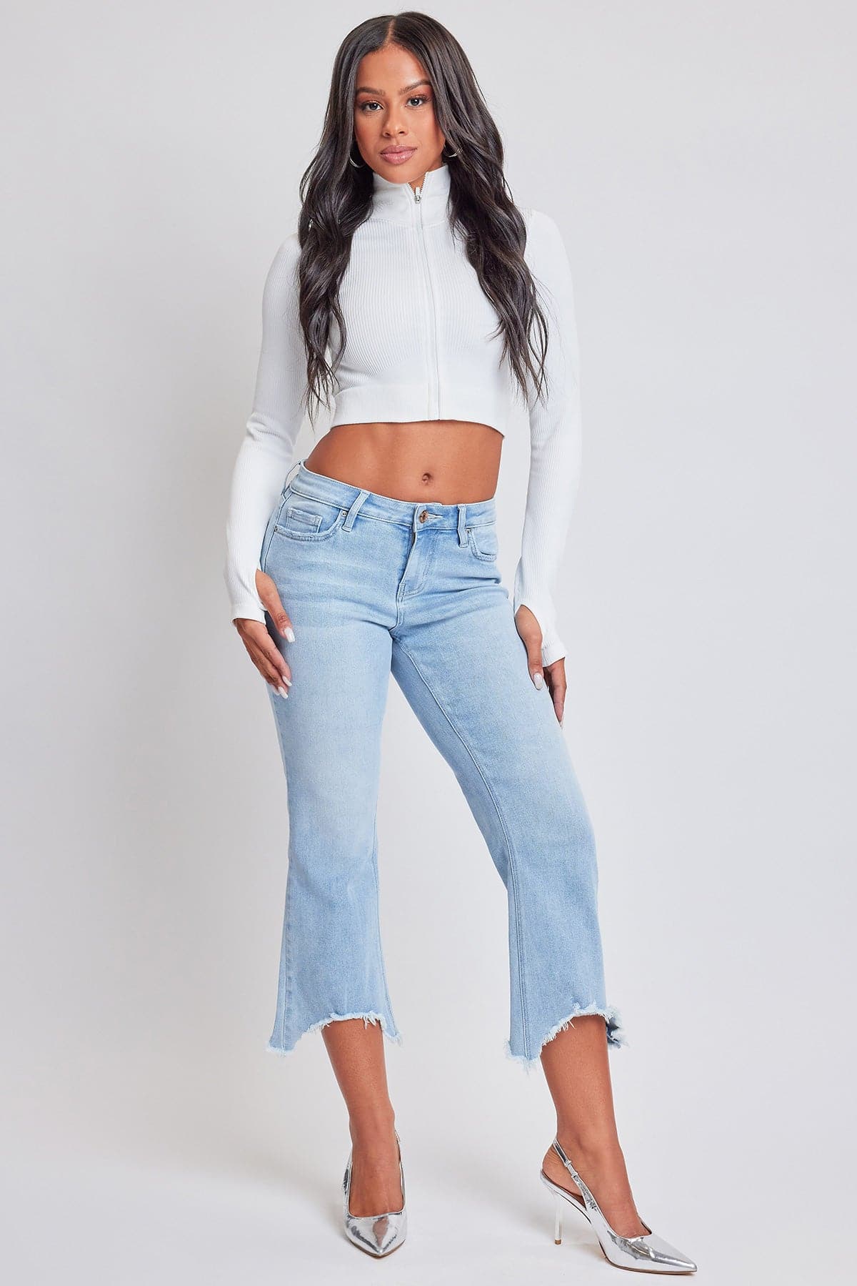 Mid Rise Kick Flare Fray Hem Cropped Jeans