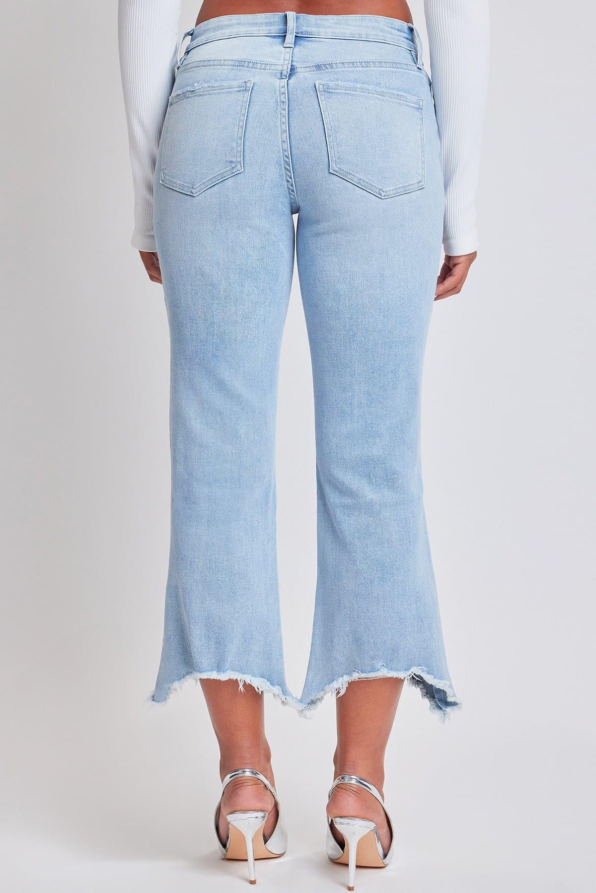 Mid Rise Kick Flare Fray Hem Cropped Jeans