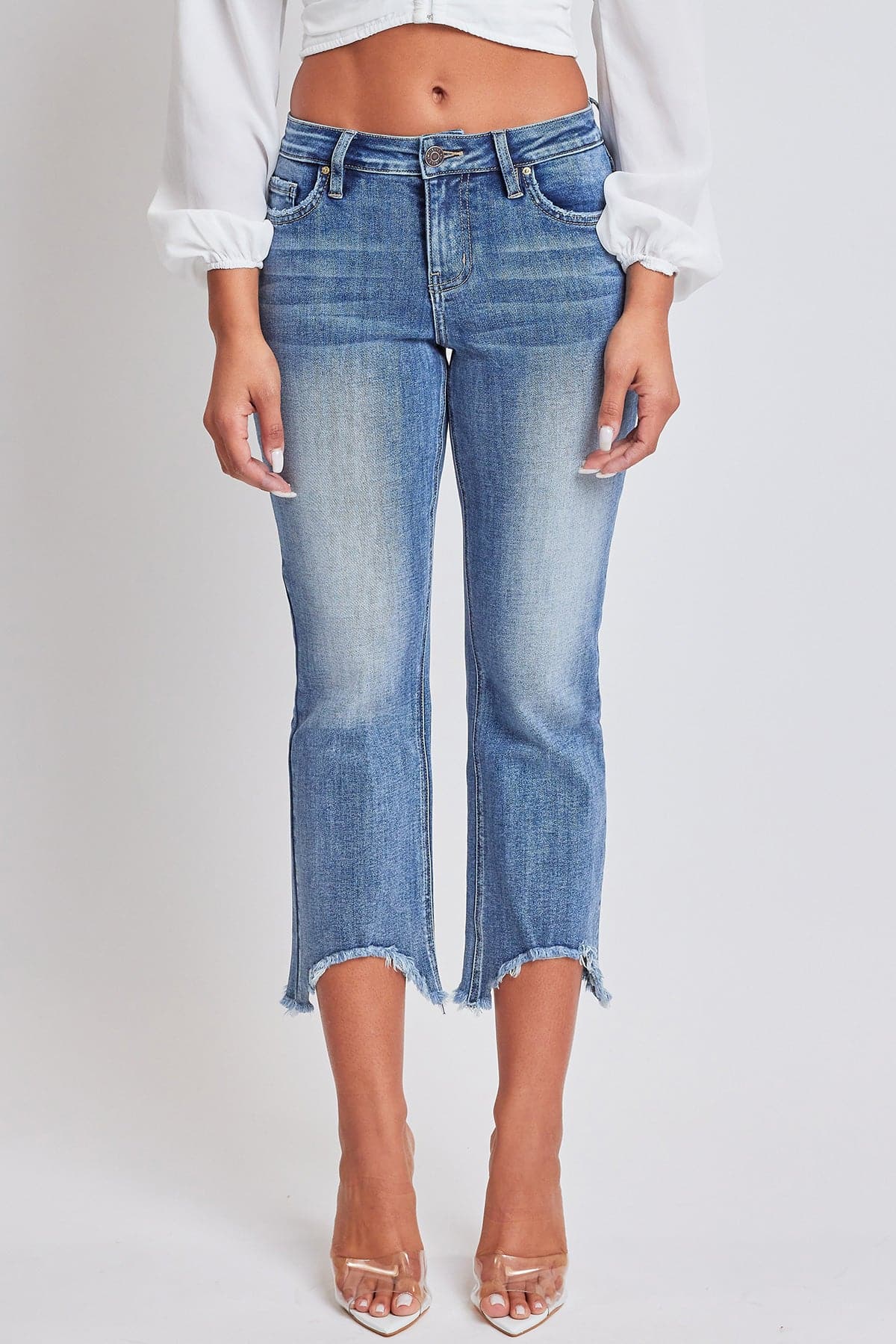 Mid Rise Kick Flare Fray Hem Cropped Jeans
