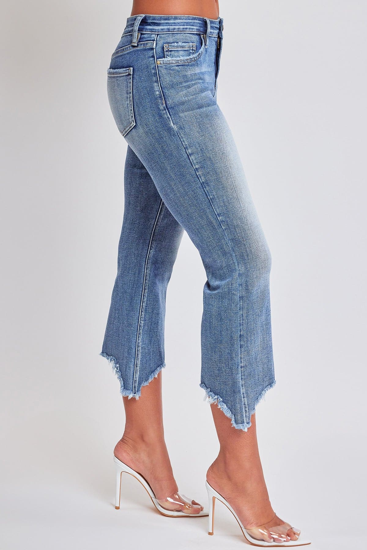 Mid Rise Kick Flare Fray Hem Cropped Jeans