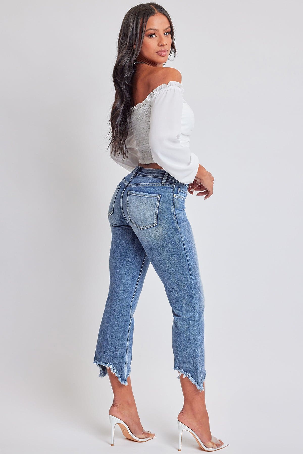 Mid Rise Kick Flare Fray Hem Cropped Jeans