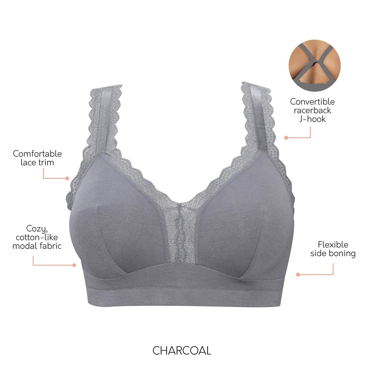 Dalis Full Busted and Curvy Wire Free Bralette - Charcoal