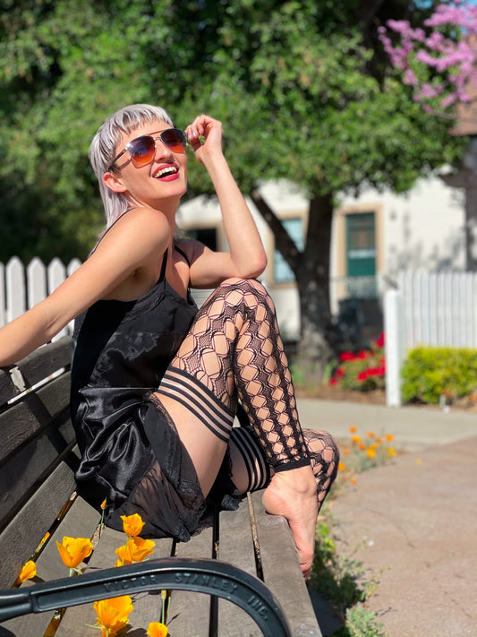 Jo: Footless Black Circle Fishnet Thigh Highs