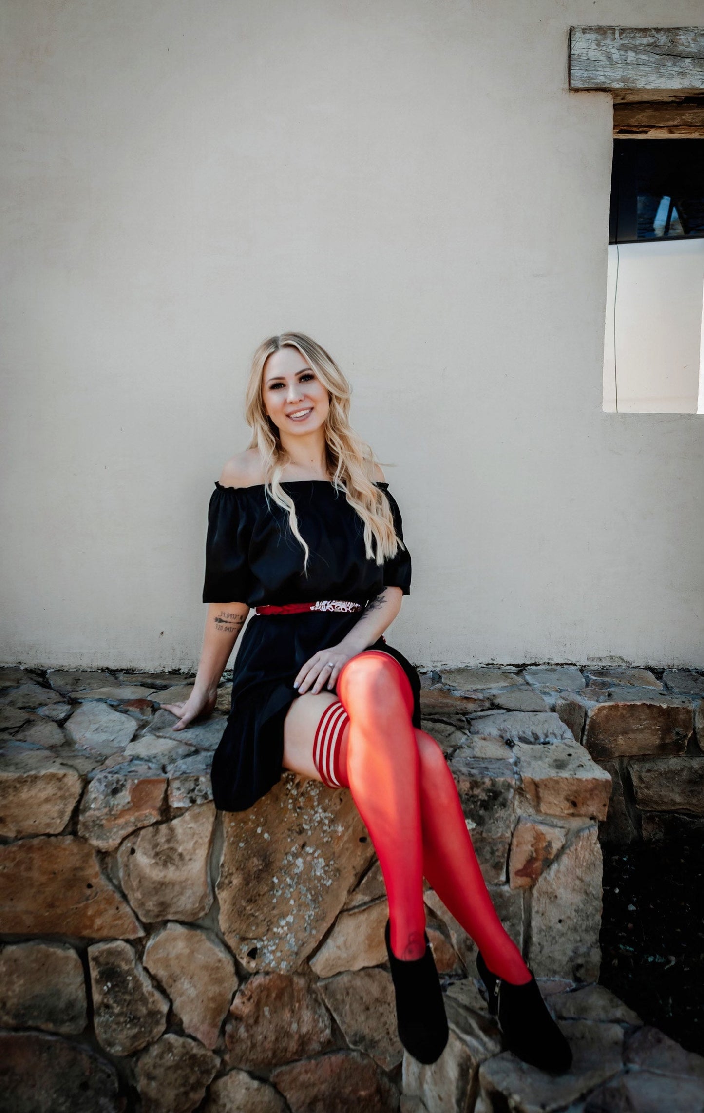 Monica: You'll be Feeling Hot Hot Hot! Red Sheer with Black Seam, Cuban Heel Thigh Highs
