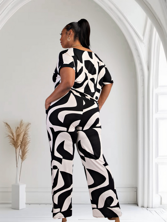 Lori Print Black and White Matching Pants Set With Pockets