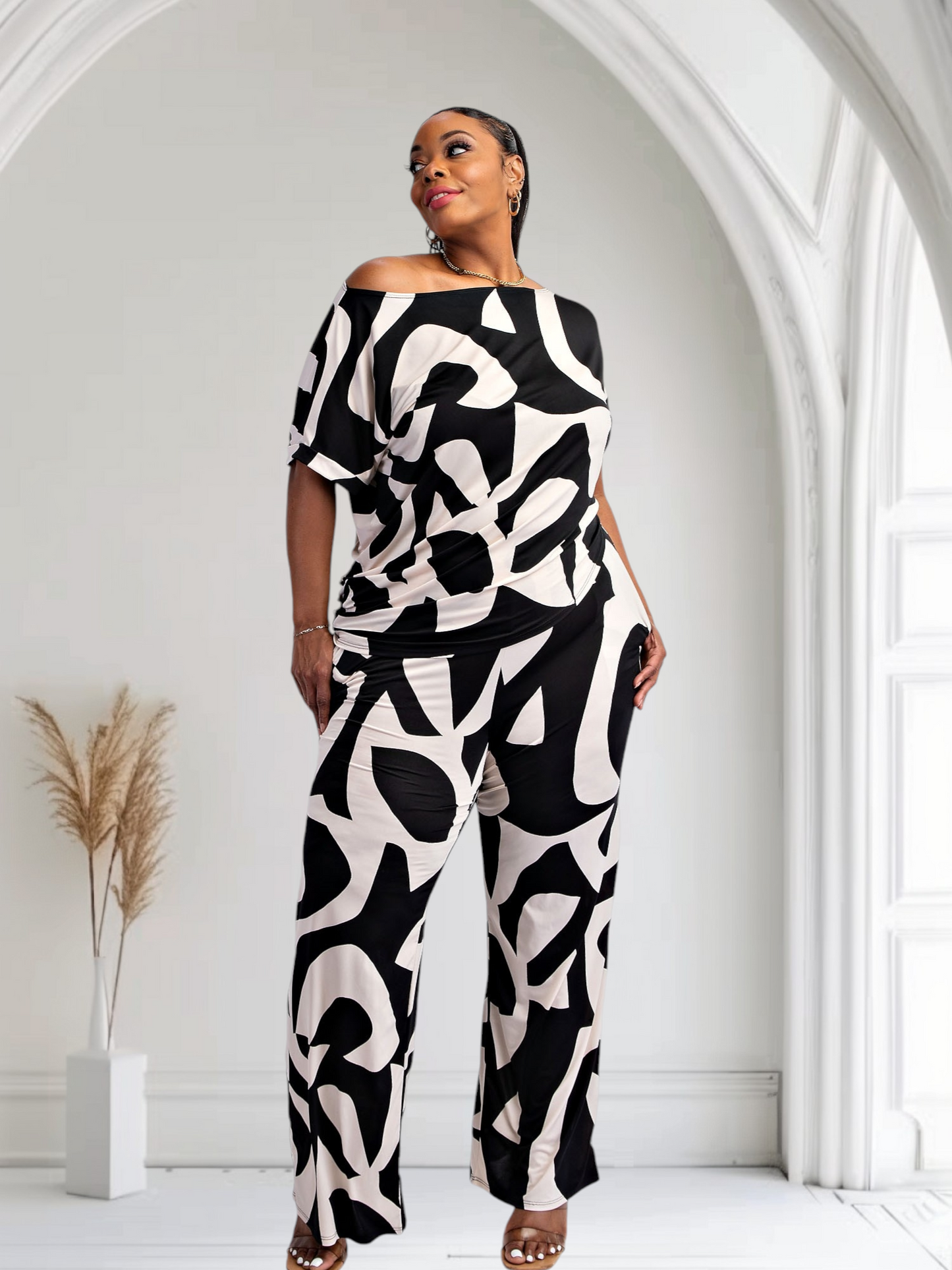 Lori Print Black and White Matching Pants Set With Pockets