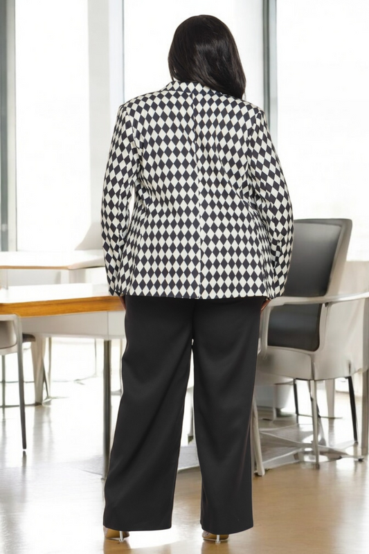 Boss Babe Diamond Shape Print Double Breated Pant Suit - Black