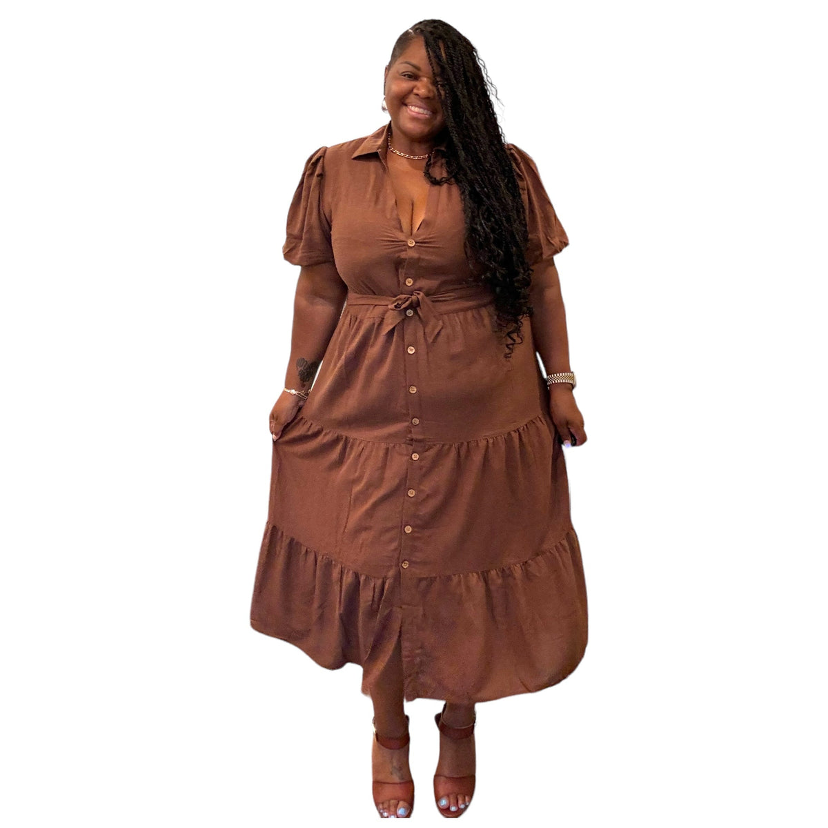 Linen Brown Button Down Maxi Dress
