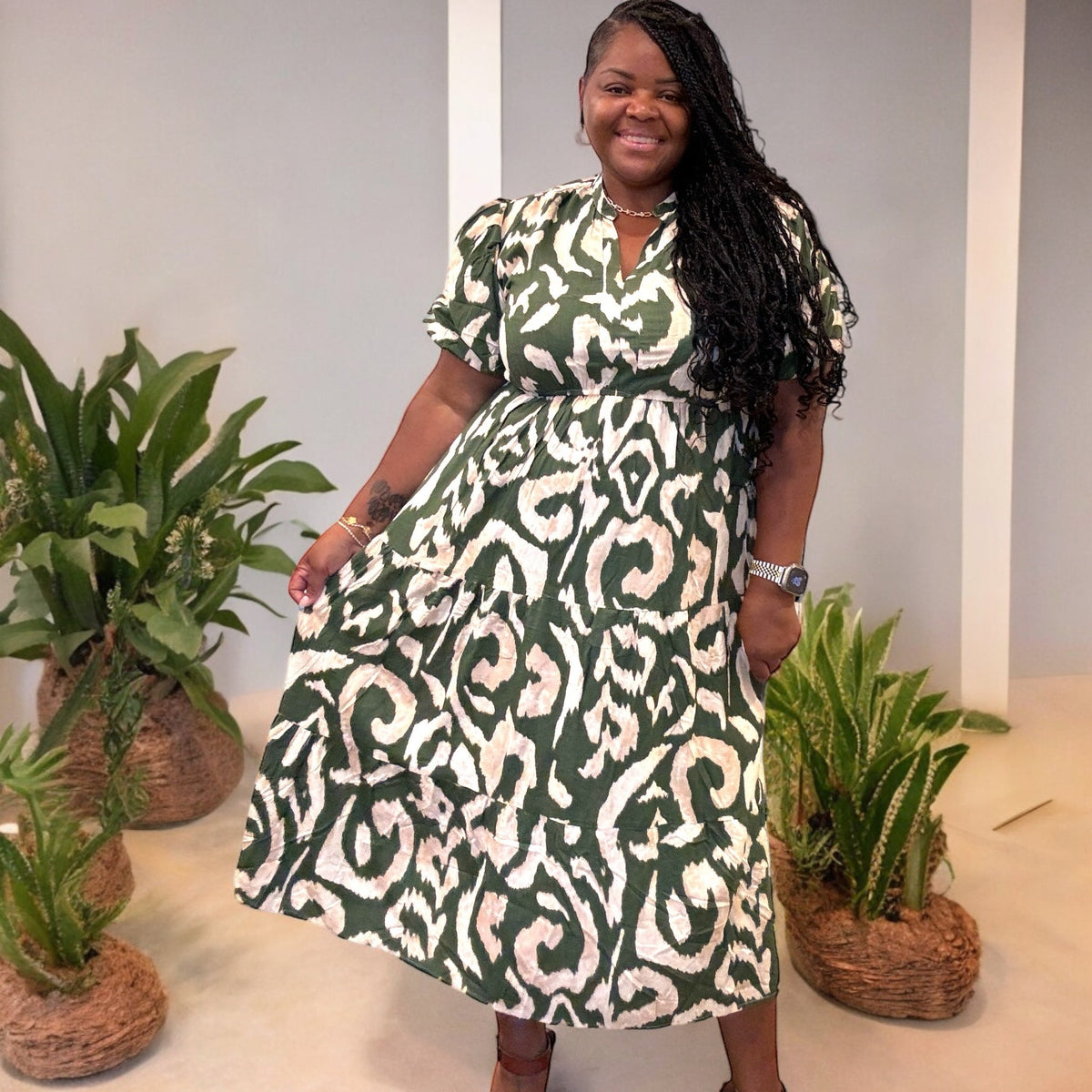 Linen Olive and Cream Maxi Dress