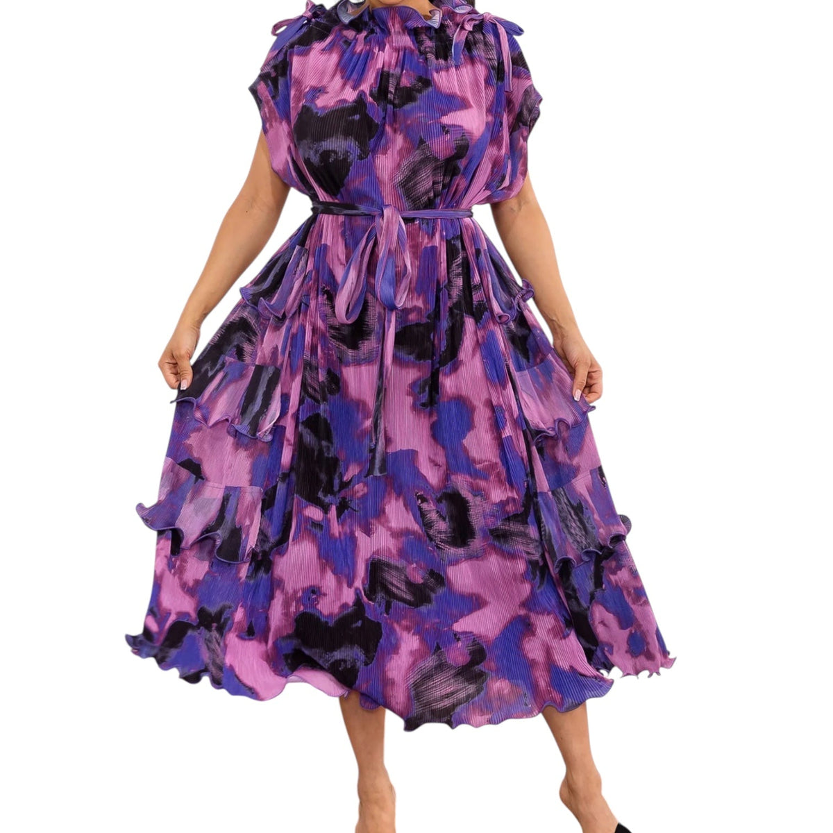 Purple Pleated Tiered Ruffled Maxi Dress